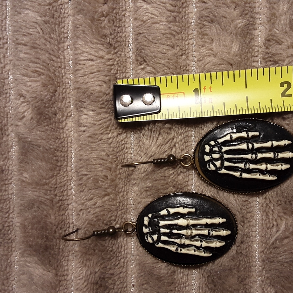 Handcrafted Skeleton Hand Cameo Style Earrings, Punk Goth Spooky Emo - Picture 3 of 3
